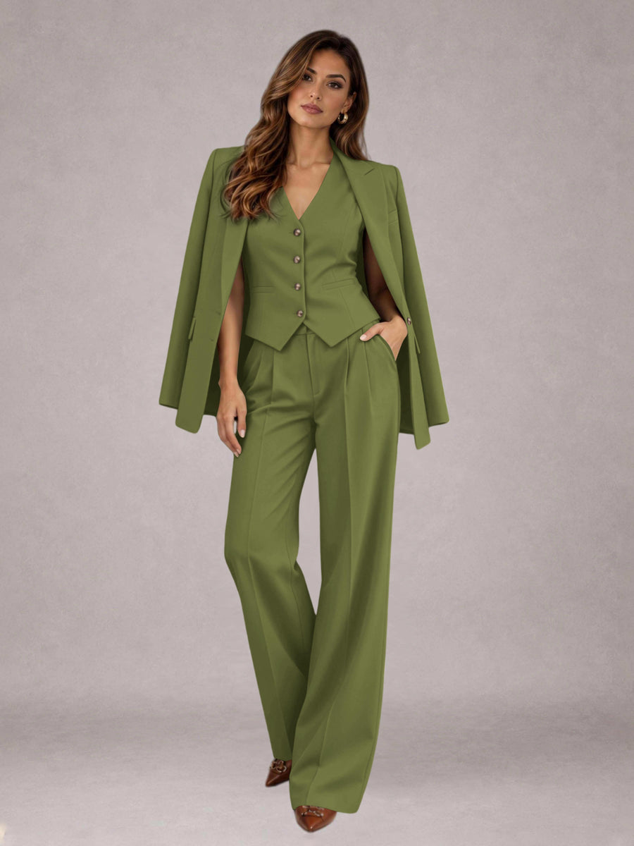 Olive Green 3 Pieces Tailored Fit Elegant Women's Suits for Business Casual