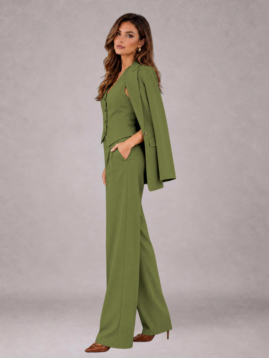 Olive Green 3 Pieces Tailored Fit Elegant Women's Suits for Business Casual