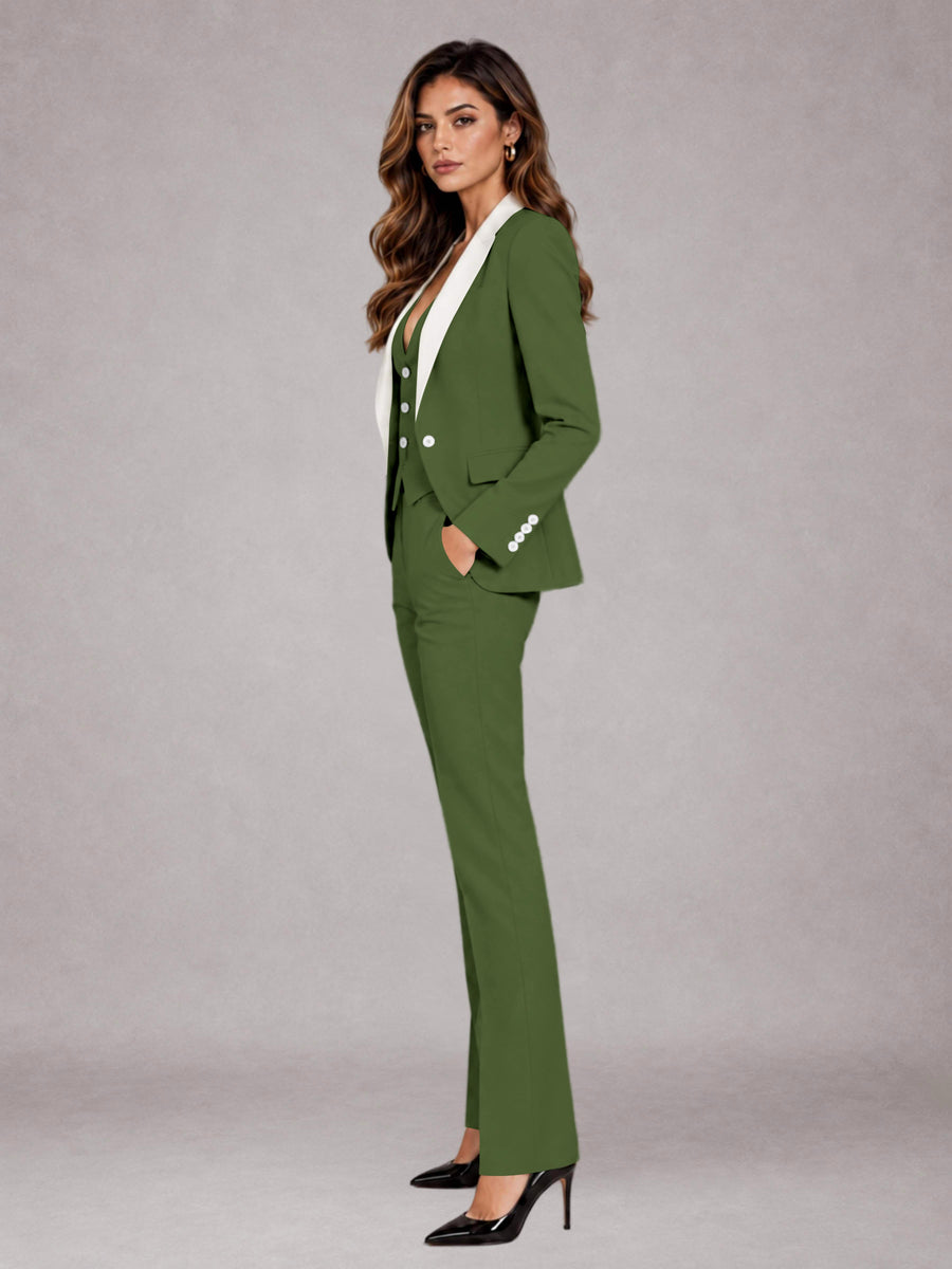 Olive Green 3 Pieces Tailored Fit Elegant Women's Suits for Professional Look