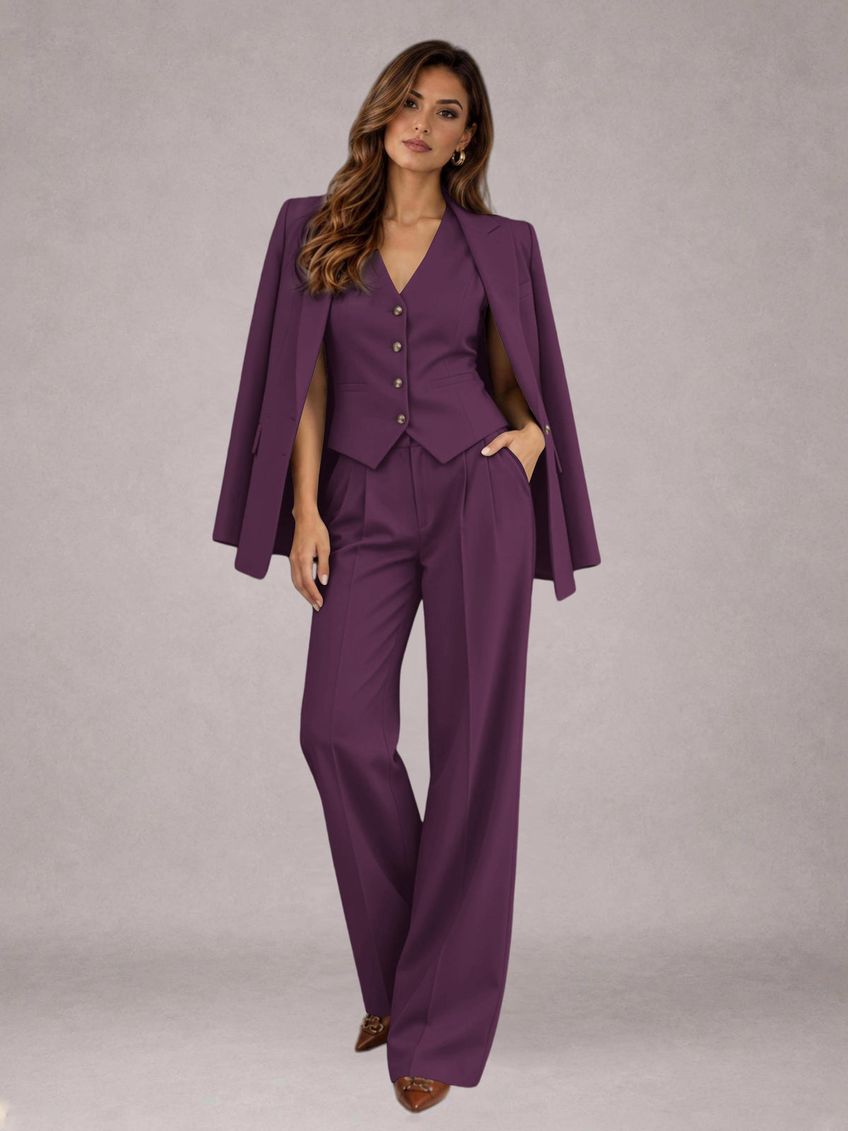 Plum 3 Pieces Tailored Fit Elegant Women's Suits for Business Casual