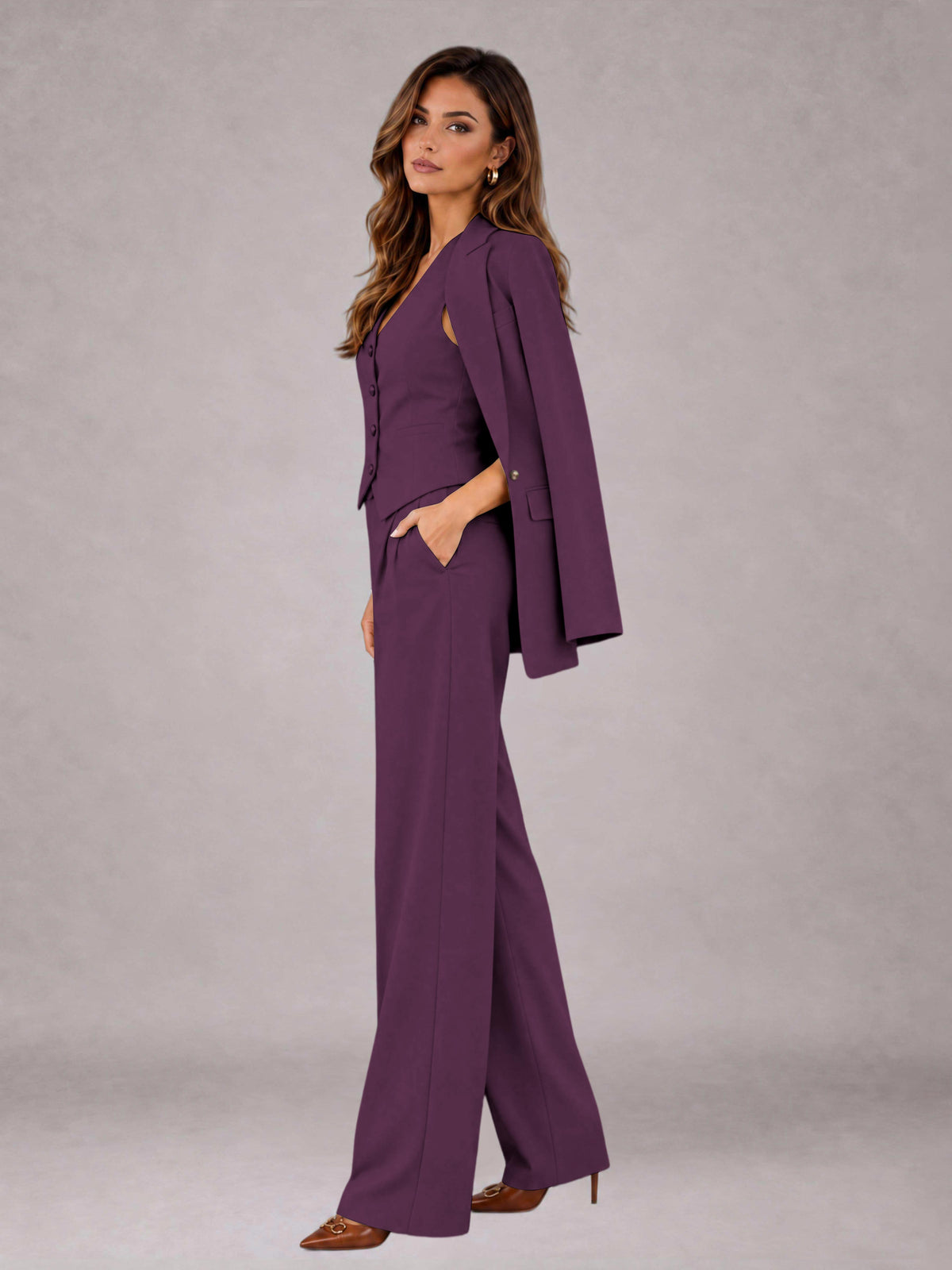 Plum 3 Pieces Tailored Fit Elegant Women's Suits for Business Casual