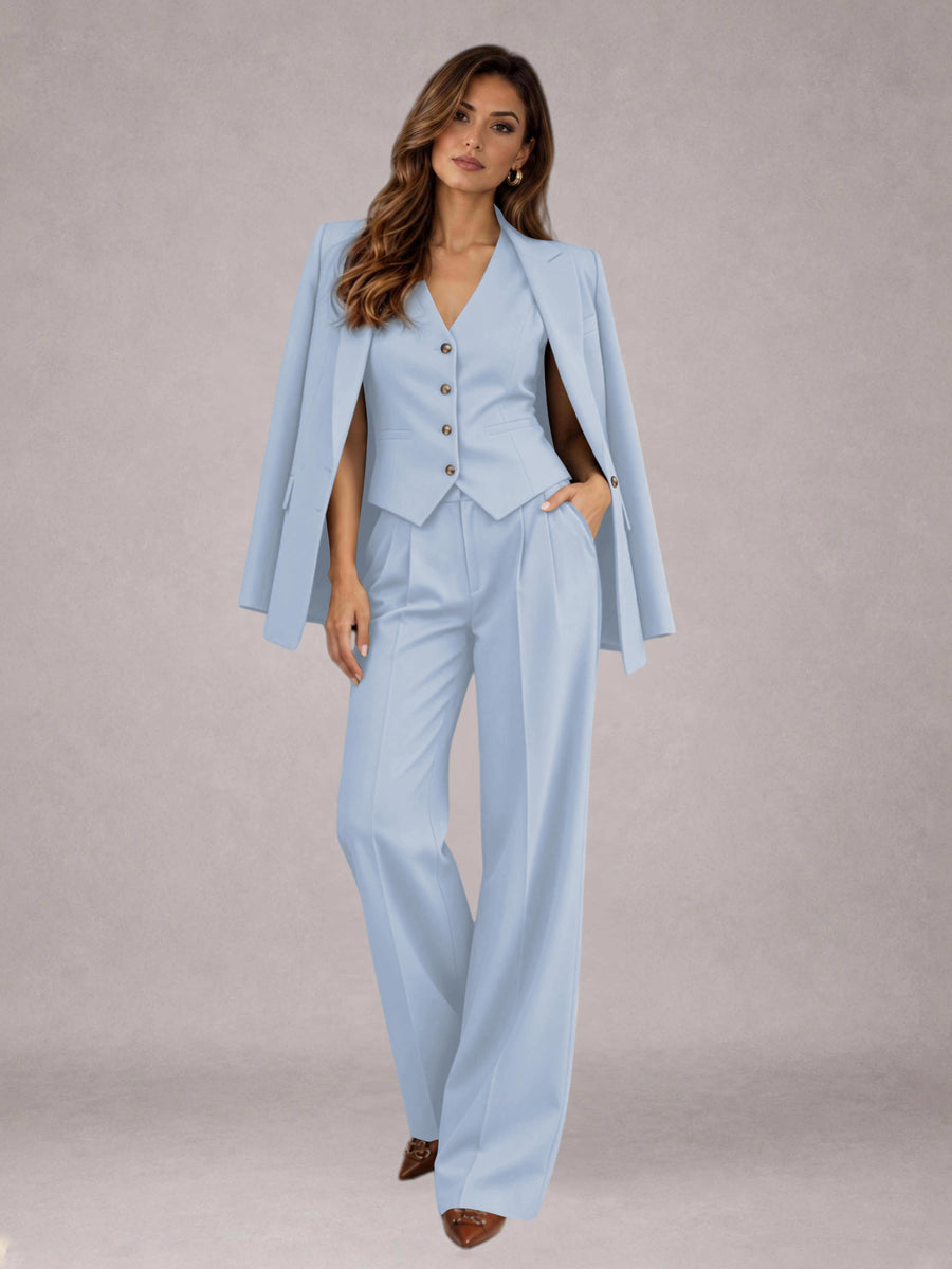 Powder Blue 3 Pieces Tailored Fit Elegant Women's Suits for Business Casual