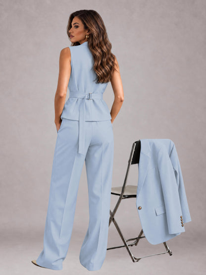 Powder Blue 3 Pieces Tailored Fit Elegant Women's Suits for Business Casual