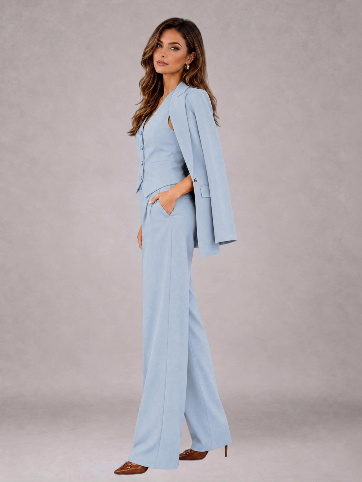 Powder Blue 3 Pieces Tailored Fit Elegant Women's Suits for Business Casual