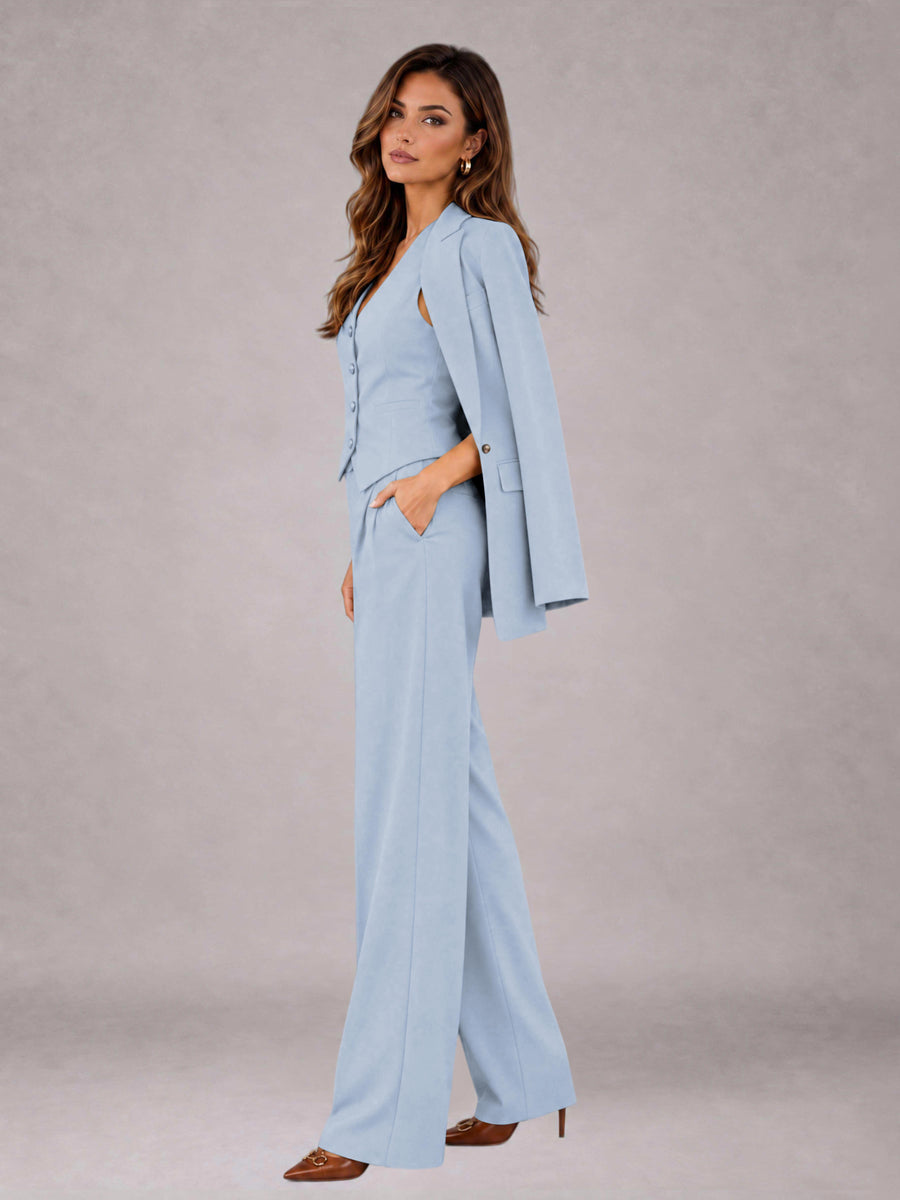 Powder Blue 3 Pieces Tailored Fit Elegant Women's Suits for Business Casual