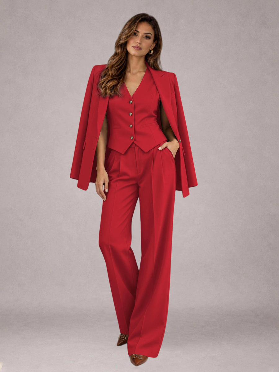 Red 3 Pieces Tailored Fit Elegant Women's Suits for Business Casual