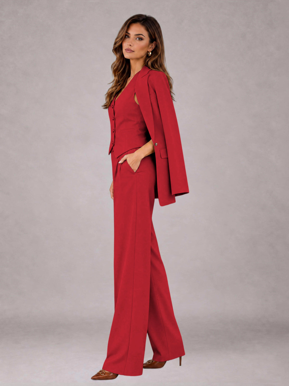 Red 3 Pieces Tailored Fit Elegant Women's Suits for Business Casual