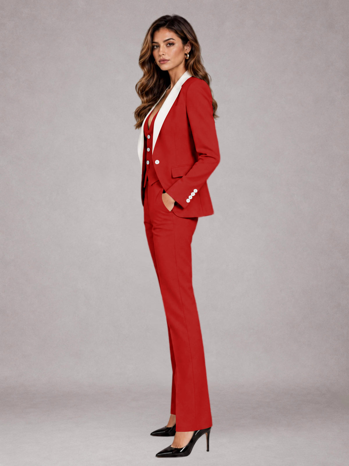 Red 3 Pieces Tailored Fit Elegant Women's Suits for Professional Look
