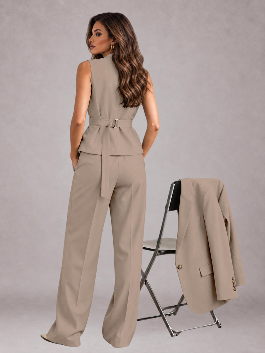 Taupe 3 Pieces Tailored Fit Elegant Women's Suits for Business Casual