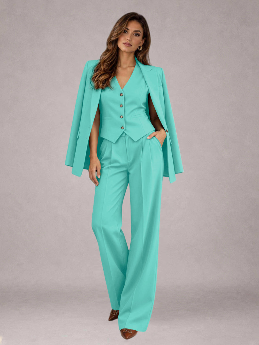 Turquoise 3 Pieces Tailored Fit Elegant Women's Suits for Business Casual
