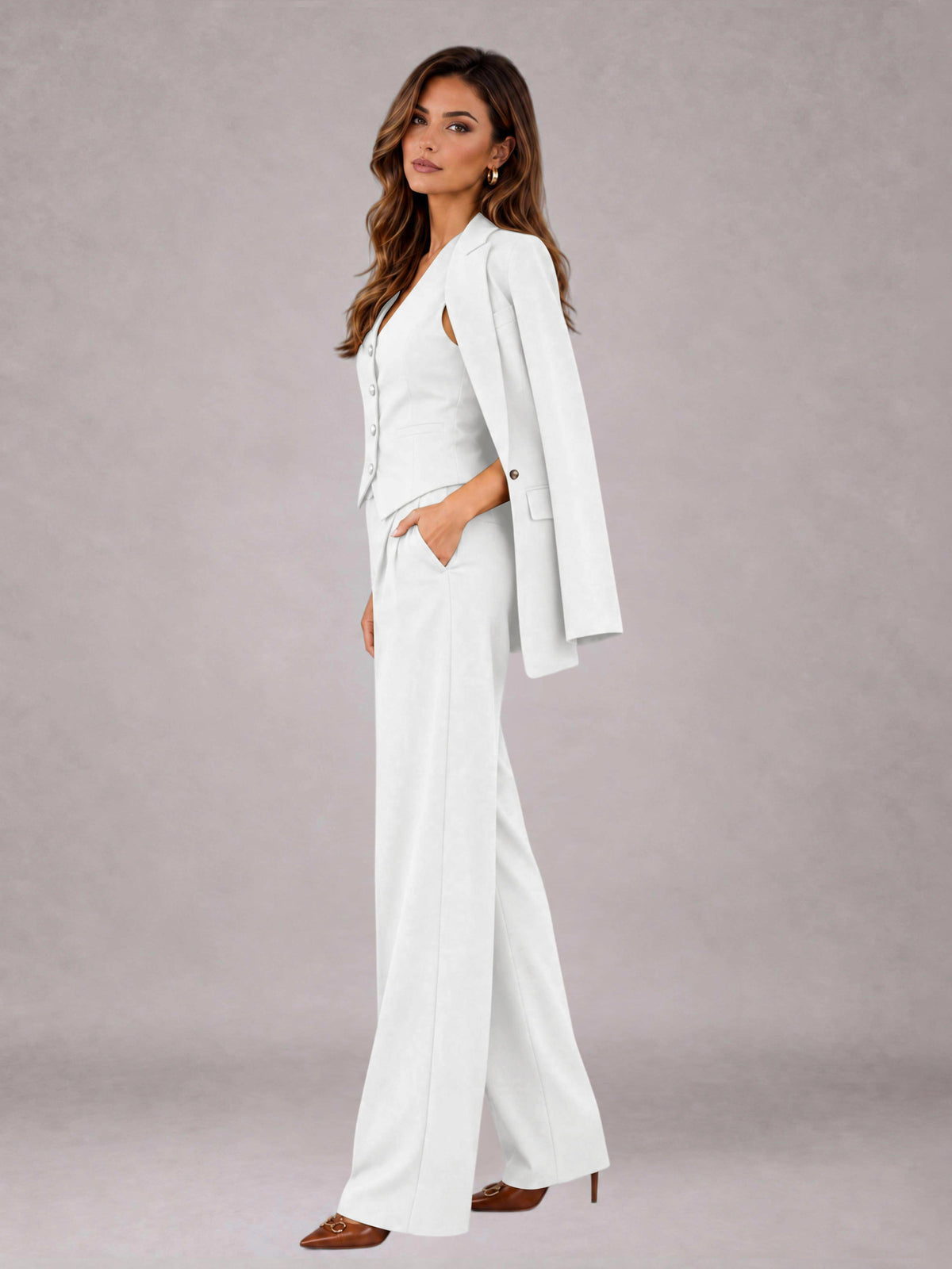 White 3 Pieces Tailored Fit Elegant Women's Suits for Business Casual