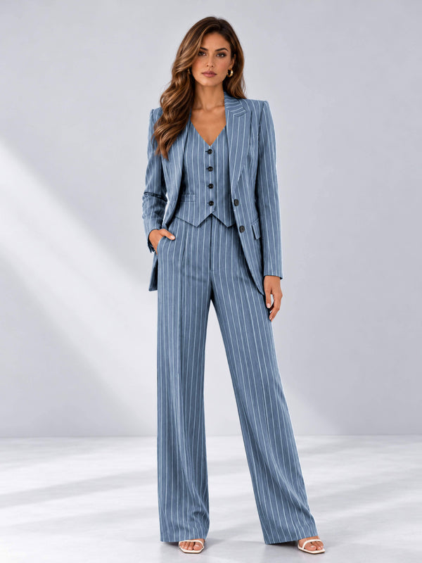 Dusty Blue 3 Pieces Tailored Fit Pinstripe Notched Lapel Women's Suits
