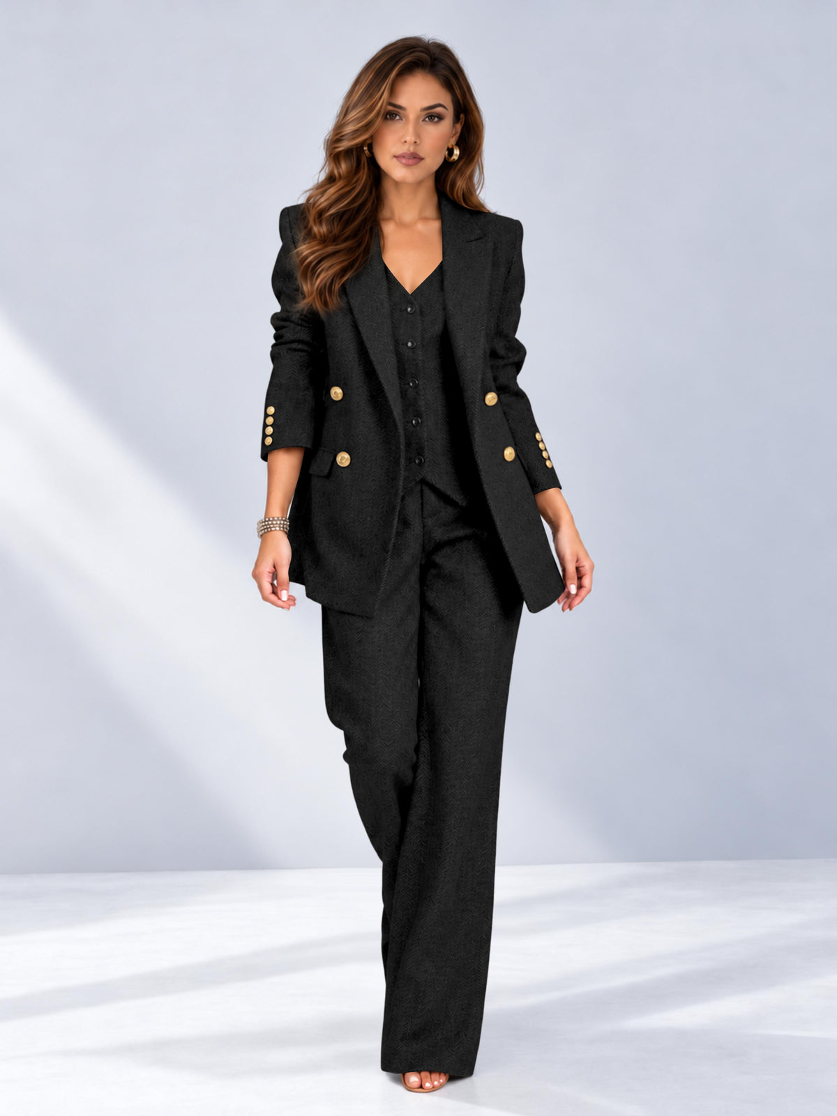 Black 3 Pieces Wide-Leg Herringbone Women's Suits