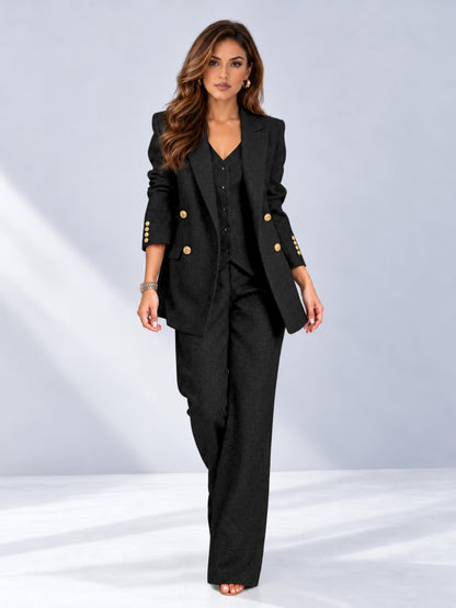 Black 3 Pieces Wide-Leg Herringbone Women's Suits