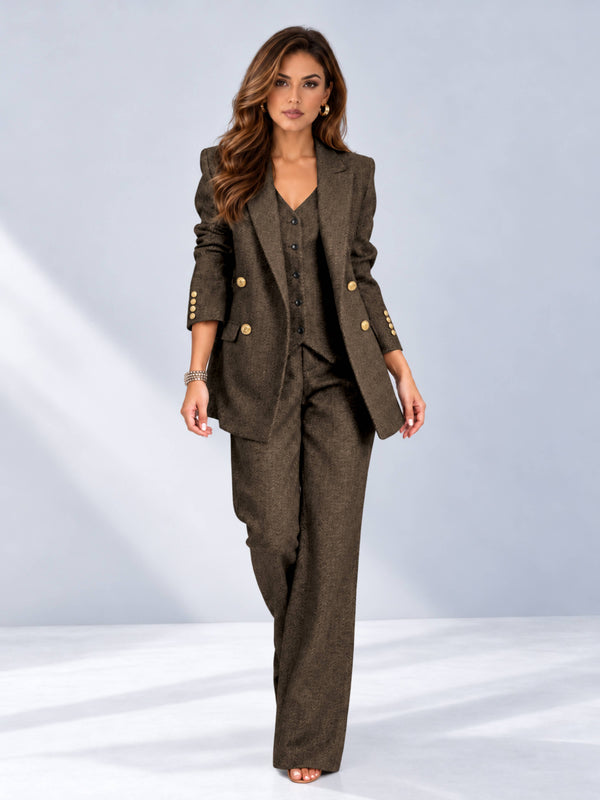 Brown 3 Pieces Wide-Leg Herringbone Women's Suits