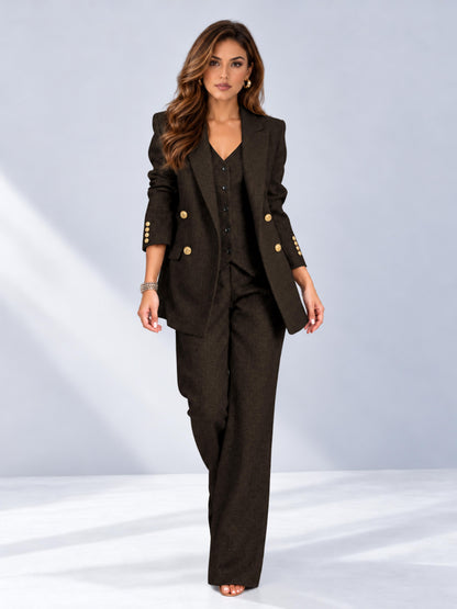 Dark Brown 3 Pieces Wide-Leg Herringbone Women's Suits