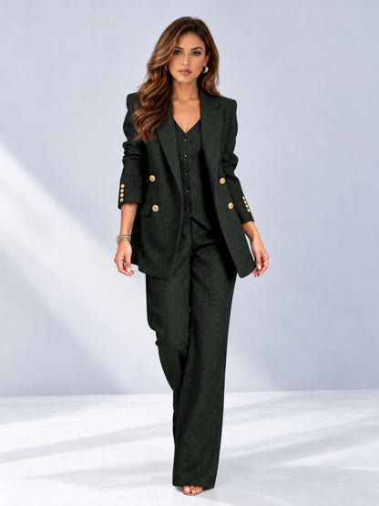 Dark Green 3 Pieces Wide-Leg Herringbone Women's Suits