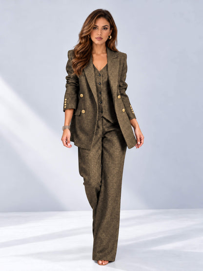 Khaki 3 Pieces Wide-Leg Herringbone Women's Suits