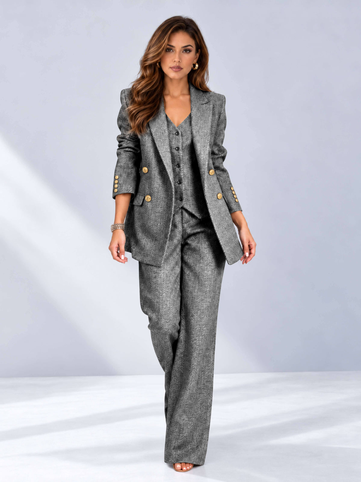 Light Grey 3 Pieces Wide-Leg Herringbone Women's Suits