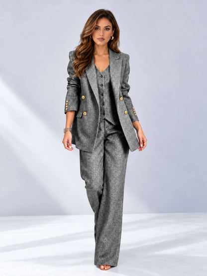 Light Grey 3 Pieces Wide-Leg Herringbone Women's Suits