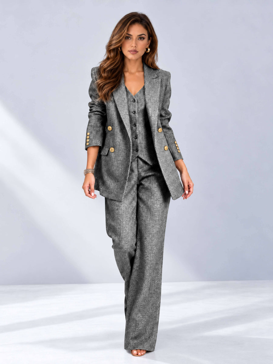 Light Grey 3 Pieces Wide-Leg Herringbone Women's Suits