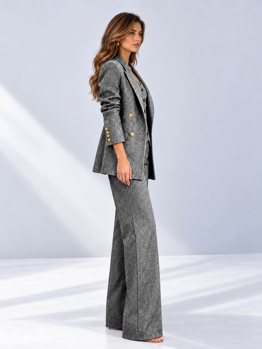 Light Grey 3 Pieces Wide-Leg Herringbone Women's Suits