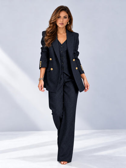 Navy Blue 3 Pieces Wide-Leg Herringbone Women's Suits