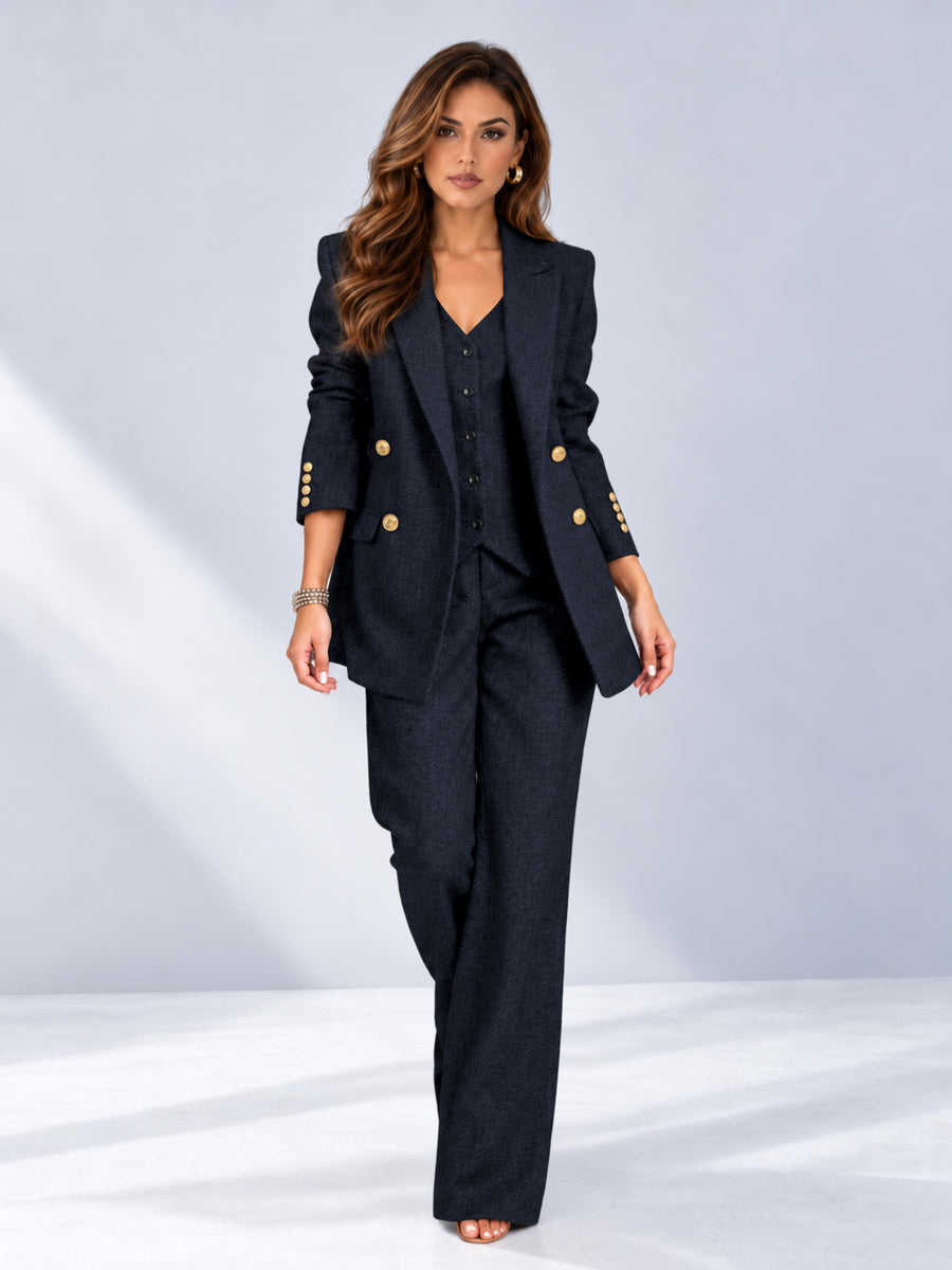Navy Blue 3 Pieces Wide-Leg Herringbone Women's Suits