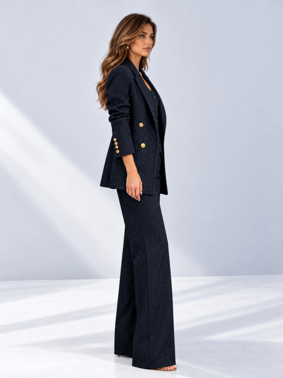 Navy Blue 3 Pieces Wide-Leg Herringbone Women's Suits