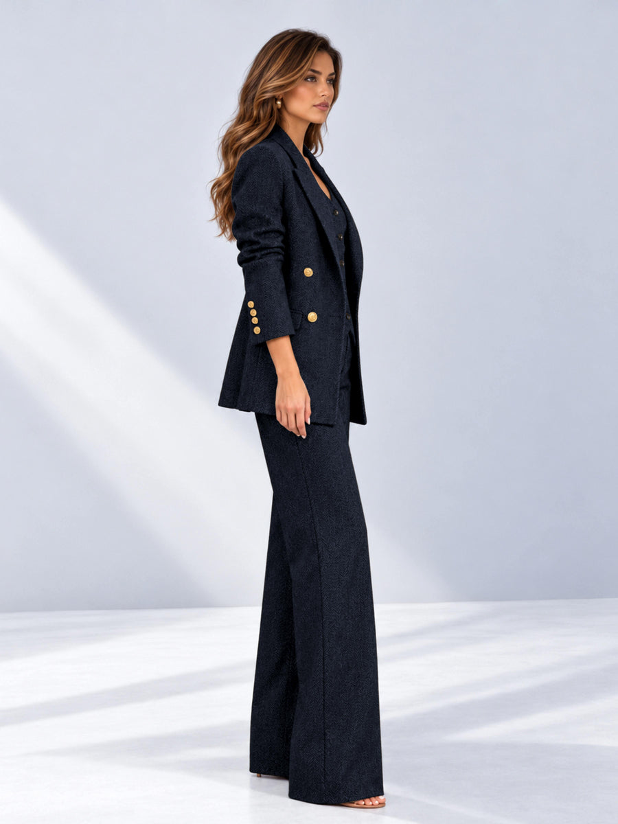 Navy Blue 3 Pieces Wide-Leg Herringbone Women's Suits