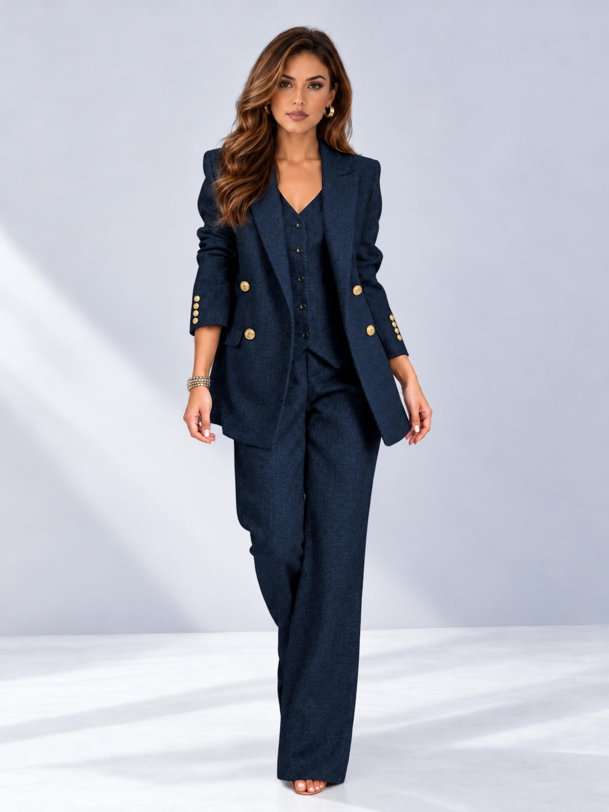 Royal Blue 3 Pieces Wide-Leg Herringbone Women's Suits