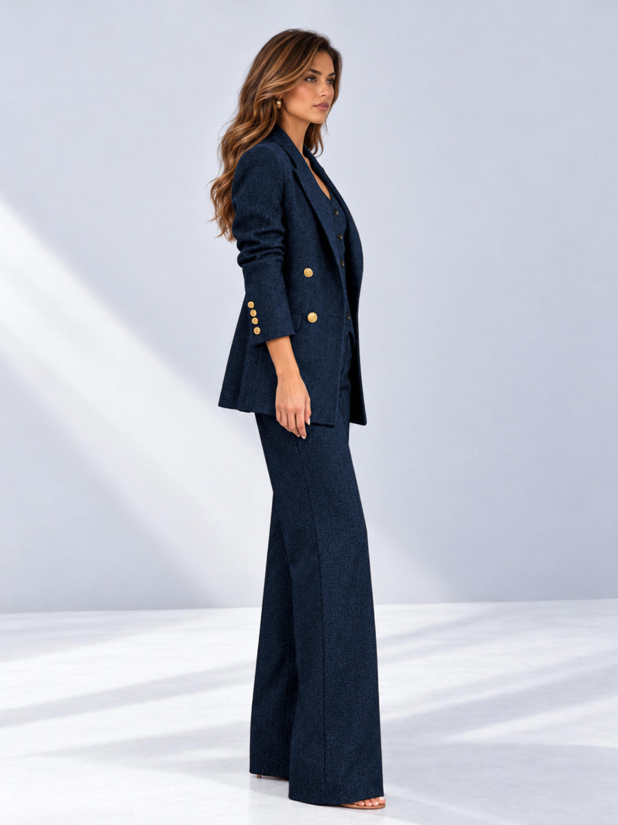 Royal Blue 3 Pieces Wide-Leg Herringbone Women's Suits