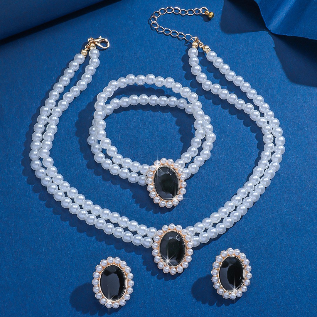 3 Set Luxury Pearl Crystal Jewelry Set Necklace Bracelet Jewelry