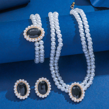 3 Set Luxury Pearl Crystal Jewelry Set Necklace Bracelet Jewelry