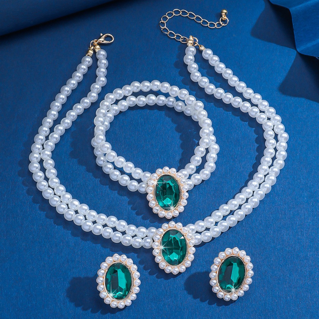 3 Set Luxury Pearl Crystal Jewelry Set Necklace Bracelet Jewelry