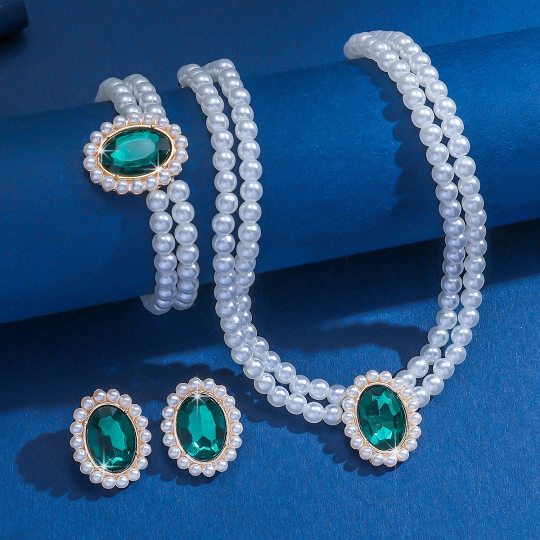 3 Set Luxury Pearl Crystal Jewelry Set Necklace Bracelet Jewelry