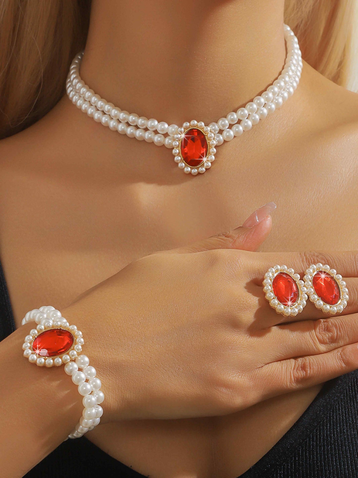 3 Set Luxury Pearl Crystal Jewelry Set Necklace Bracelet Jewelry