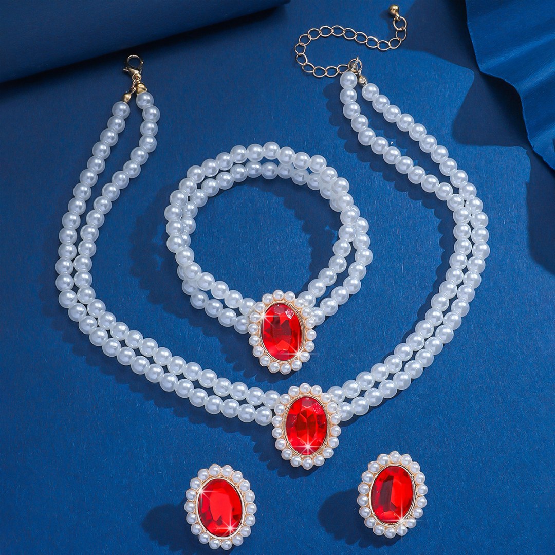 3 Set Luxury Pearl Crystal Jewelry Set Necklace Bracelet Jewelry