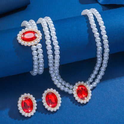 3 Set Luxury Pearl Crystal Jewelry Set Necklace Bracelet Jewelry