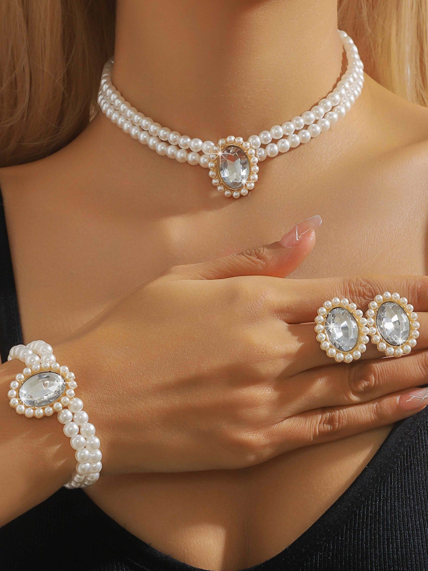 3 Set Luxury Pearl Crystal Jewelry Set Necklace Bracelet Jewelry
