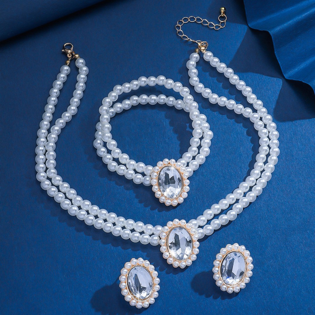 3 Set Luxury Pearl Crystal Jewelry Set Necklace Bracelet Jewelry