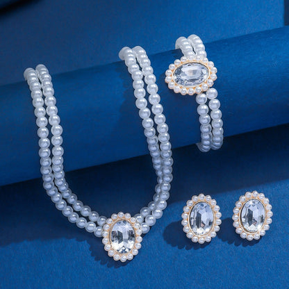 3 Set Luxury Pearl Crystal Jewelry Set Necklace Bracelet Jewelry