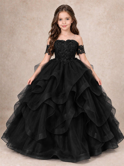 3D Floral Girls Pageant Dresses Off Shoulder Ruffled Tulle Princess Gown for Wedding Birthday Party