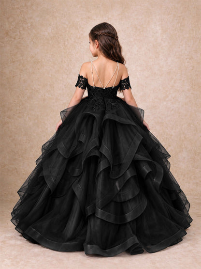 3D Floral Girls Pageant Dresses Off Shoulder Ruffled Tulle Princess Gown for Wedding Birthday Party