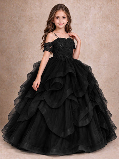 3D Floral Girls Pageant Dresses Off Shoulder Ruffled Tulle Princess Gown for Wedding Birthday Party