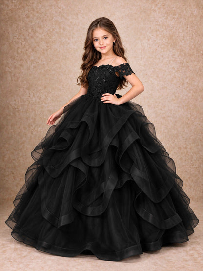 3D Floral Girls Pageant Dresses Off Shoulder Ruffled Tulle Princess Gown for Wedding Birthday Party