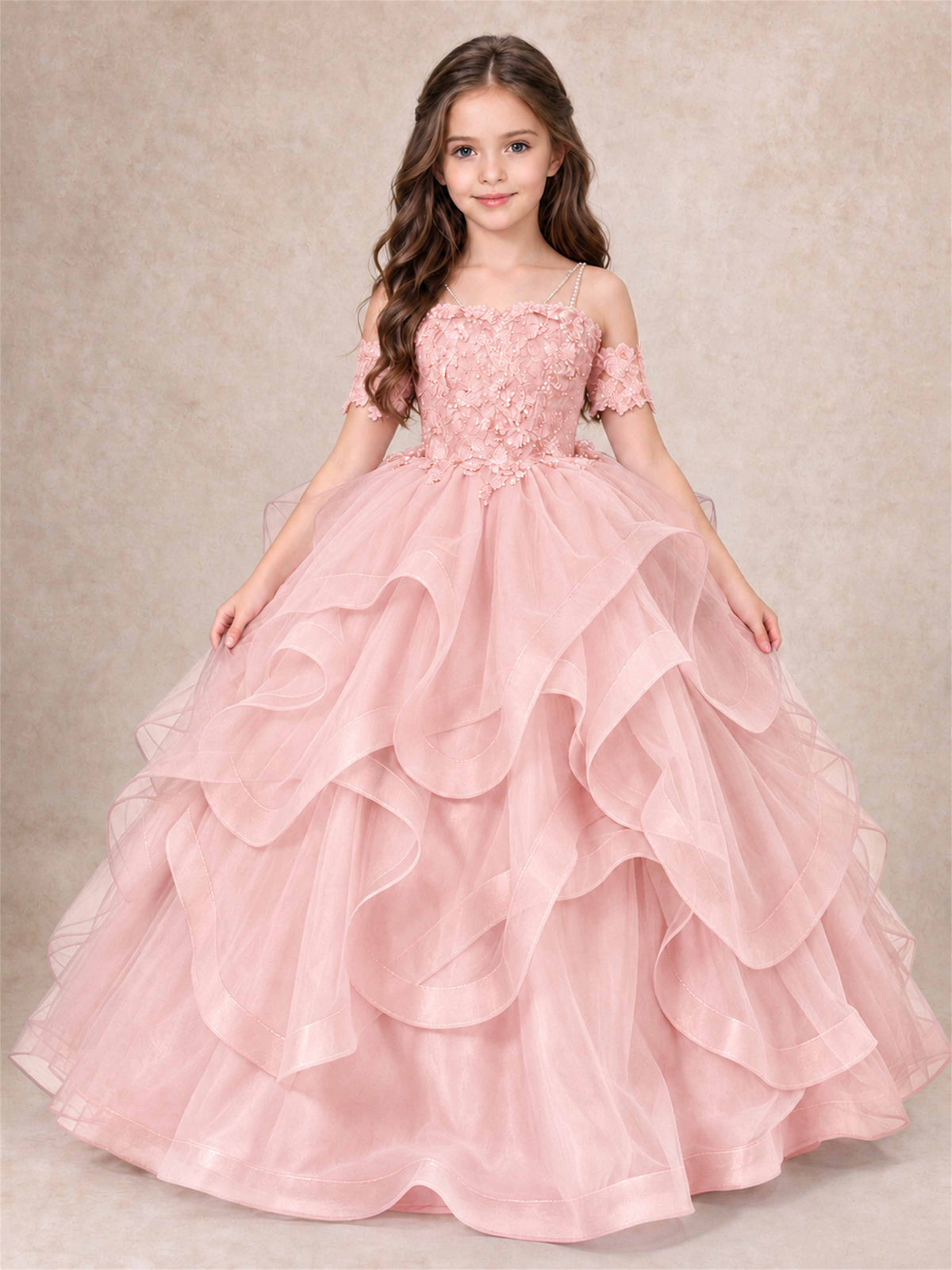 3D Floral Girls Pageant Dresses Off Shoulder Ruffled Tulle Princess Gown for Wedding Birthday Party