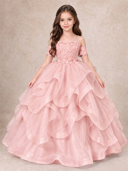 3D Floral Girls Pageant Dresses Off Shoulder Ruffled Tulle Princess Gown for Wedding Birthday Party