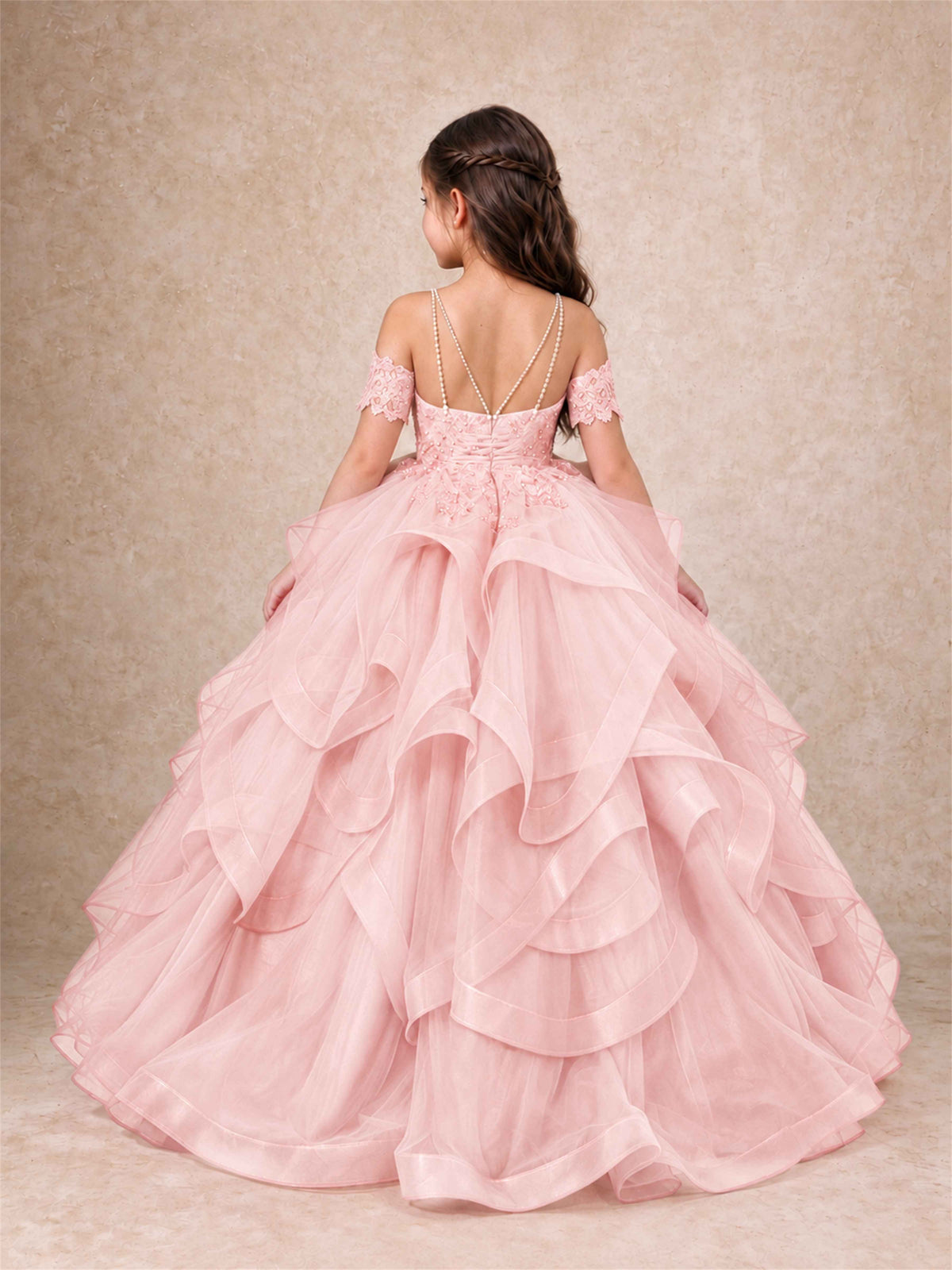 3D Floral Girls Pageant Dresses Off Shoulder Ruffled Tulle Princess Gown for Wedding Birthday Party