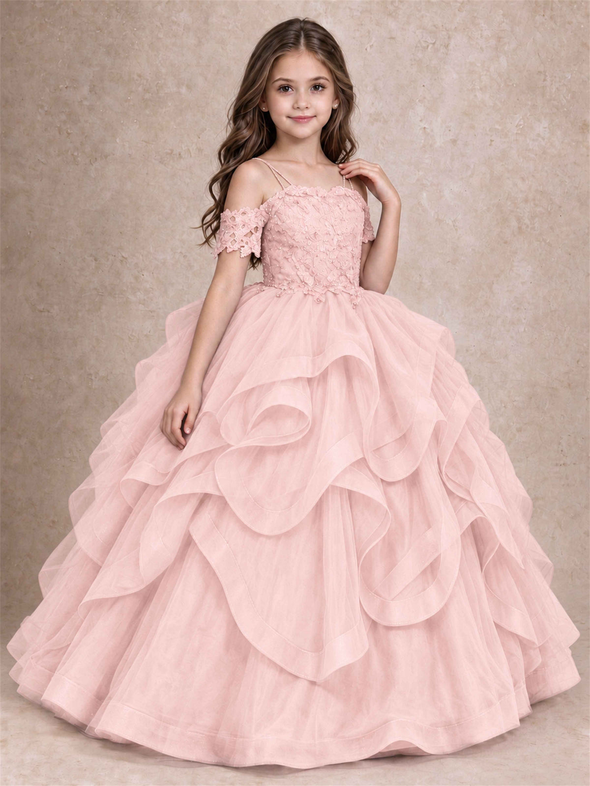 3D Floral Girls Pageant Dresses Off Shoulder Ruffled Tulle Princess Gown for Wedding Birthday Party